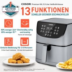 5,5 Liter Heißluftfritteuse Mit Spießregalsatz, Grau -Typhoon Store cosori 5 5 liter heissluftfritteuse mit spiessregalsatz grau 2