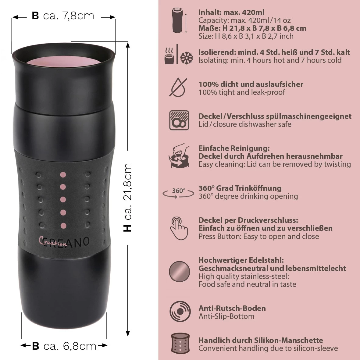 2x Creano Travel-Mug 400ml Rosa + Grün Isolierend Aus Edelstahl 5 2x Creano Travel-Mug 400ml Rosa + Grün Isolierend Aus Edelstahl – Bild 5